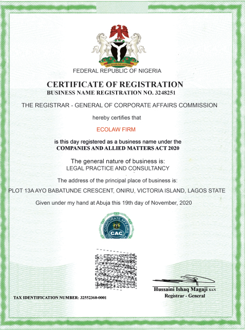 ECOLAW Firm Corporate Affairs Commission certificate of registration