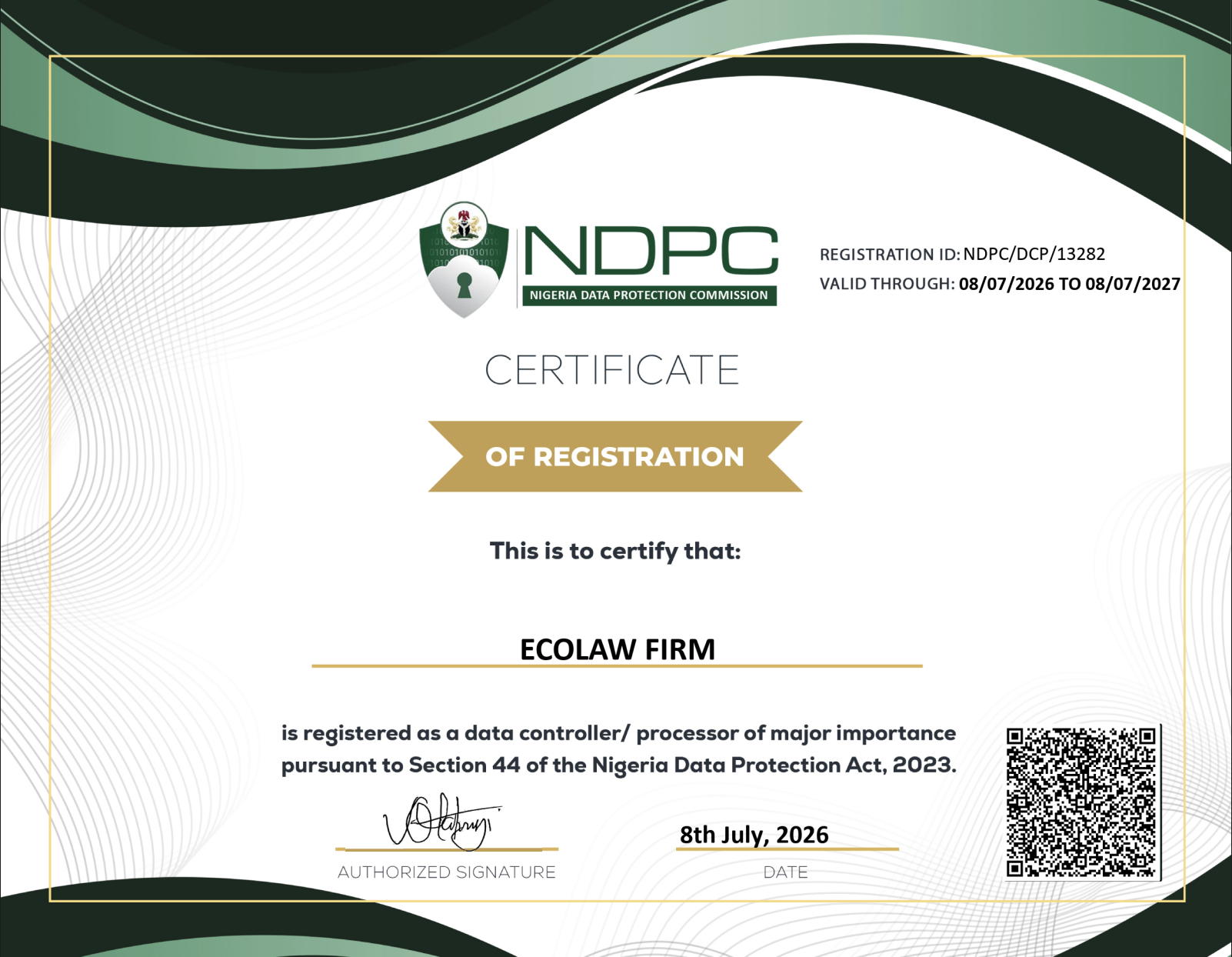 ECOLAW Firm Nigeria Data Protection Commission controller and processor certificate