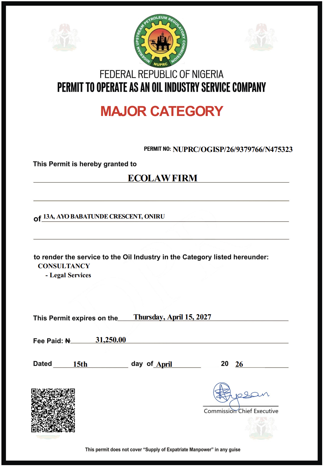 ECOLAW Firm permit to operate as an oil industry service company